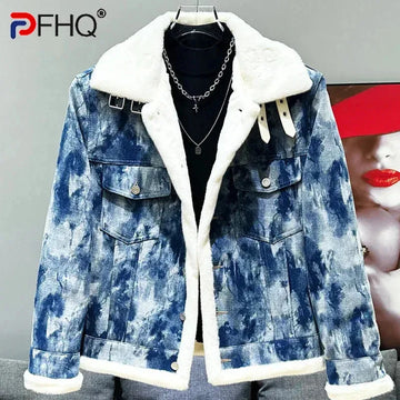 PFHQ Plush Design Men's Denim Fur Parka Jacket Sequin 2024 Patchwork Contrast Color Long Sleeve Male Tops Streetwear 21Z7713