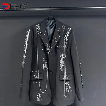 PFHQ Solid Color Long Sleeve Metal Chain Causal Blazers For Men Single Breasted Men's Rivet Coat 2023 Summer New Tide 21F4067