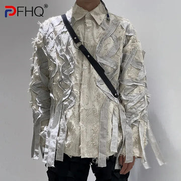 PFHQ Men's Niche Patchwork Shirts Haute Quality Single Breasted Ribbon Design Summer Male Baggy Delicacy Lape Tops New 21Z4825