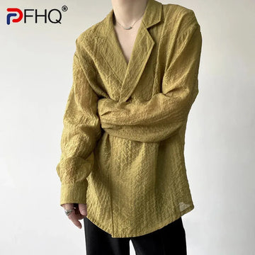 PFHQ Men's Shirts Simple Wrinkled Lapel Long Sleeve Fashion Cool Wind Tulle Sunscreen Double Breasted Casual Tops Summer 21Z4022