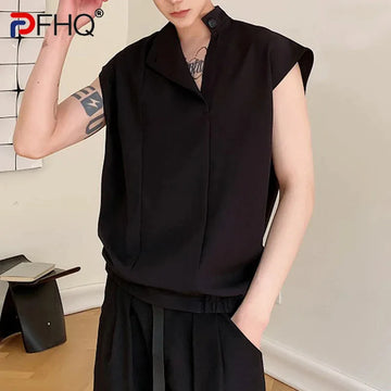 PFHQ Men's Pullover Vest Shirt Summer Niche Stand Collar Design Sleeveless Short Fashionable Darkwear Cool Outdoor Tops 21Z4026