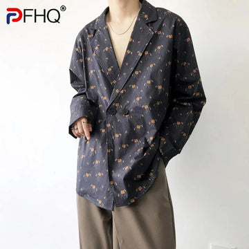 PFHQ Men's Cool Shirts Flower Cotton Wash Water Temperament Lapel Long Sleeve Outdoor Loose Double Breasted Tops Summer 21Z4017