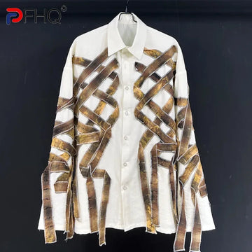 PFHQ Linen New Print Patchwork Men's Shirts Chic Long Sleeve Twisted Lapel Tie Dye Male Single Breasted Cool Tops Summer 21Z4279