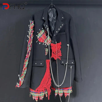 PFHQ Men's Plaid Suit Jackets Loose Fitting Haute Quality Patchwork Chain Design Handsome Worn Out Tide Spring Blazers 21Z4315