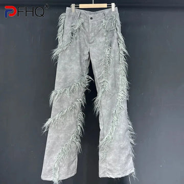 PFHQ Flared Pants Loose Fitting PU Plush Paneled Men's Niche Design Baggy Handsome Heavy Industry Male Trousers Spring 21Z4265