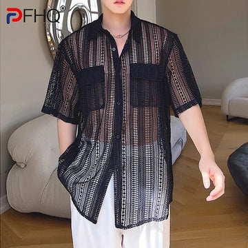 PFHQ Breathable Hollowed Out Shirts Men's Sexy Cool Comfortable Perspective Sun Protection Short Sleeve Tops Summer New 21Z4220