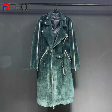 PFHQ 2023 Spring Niche Design Original Men's Asymmetric Zipper Trench Long Coat Trendy Elegant Corduroy High Quality Windbreaker