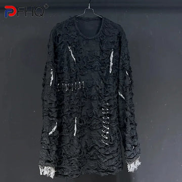 PFHQ Long Sleeved Male T-shirt Niche Hole Pin Design Breathable Summer Baggy Darkwear Men's O-Neck Tops Versatile Chic 21Z4634
