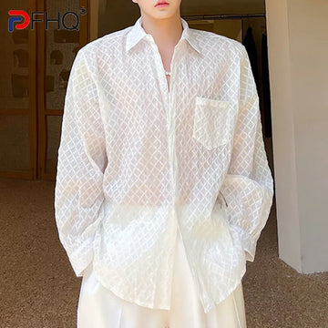 PFHQ Summer Translucence Thin Male Shirts Chic Handsome Sun Protection Long Sleeved Breathable Pockets Plaid Design Tops 21Z4207