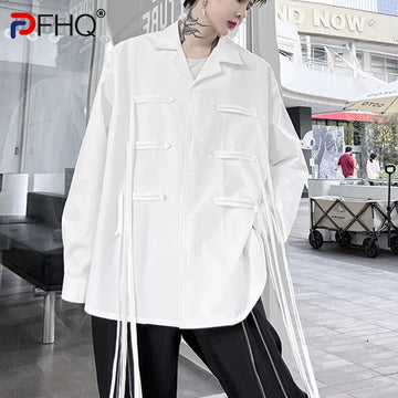 PFHQ Men's Shirts Simple Long Sleeved Ribbon Design Solid Color Turn-down Collar Loose Sports Advanced Tops Summer Chic 21Z4229