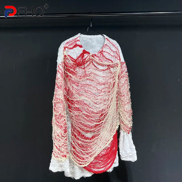 PFHQ 2023 Summer New Fashion Casual For Men's T-shirt O-neck Patchwork Hold Hollow Out Long Sleeve Loose Tops Men Tide 21F4019