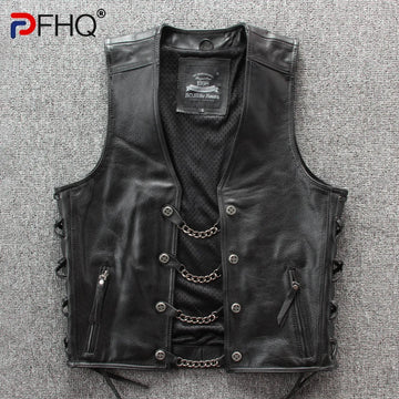 PFHQ 2023 Spring Trendy Men's Motorcycles Waistcoat Stylish Leather Jacket High Quality PU Punk Sleeveless Vest Coat Clothes New