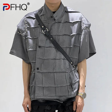 PFHQ Standing Collar Short Sleeve Shirt Male Summer Plaid Creativity Personality Haute Quality Advanced Men's Tops New 21Z4826