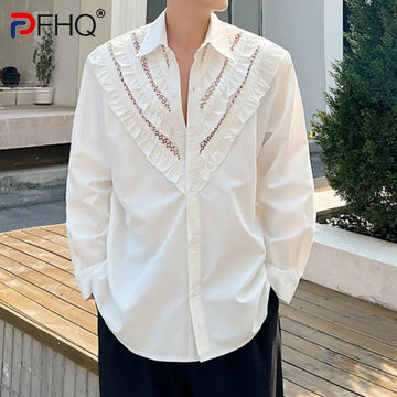 PFHQ Men's Sexy Mesh Patchwork Long Sleeved Shirts For Handsome Turn-down Collar Personality Popular Leisure Tops Summer 21Z4226