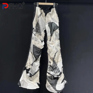 PFHQ Men's Hole Tie Dye Summer Pants Streetwear Straight Splice Random Personality Loose Sports Male Worn Out Trousers 21Z4836