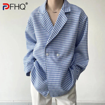 PFHQ Men's Korean Fashion Spring Summer Simple Advanced Shirts Checkered Suit Collar Long Sleeve Double Breasted Tops 21Z4024