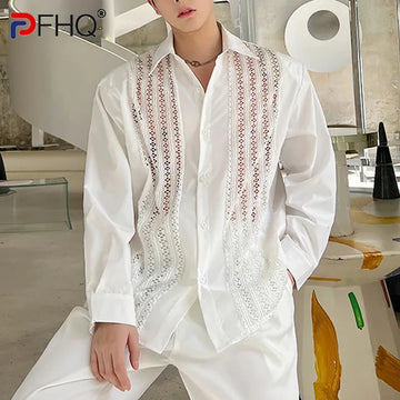 PFHQ Men's Mesh Stitching Perspectivity Shirts Long Sleeve Fashion Handsome Solid Color Sexy Breathable Summer Cool Tops 21Z4219