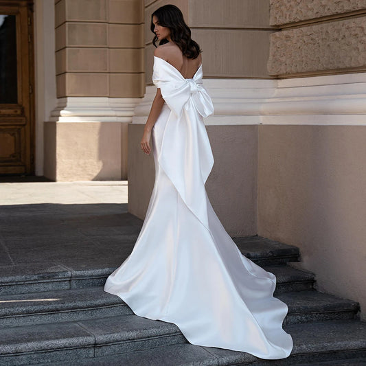 New Arrival Satin Mermaid Wedding Dress Sexy Sweetheart Sleeveless Back Big Bow Sweep Train Simple Bridal Gown Robe Mariee