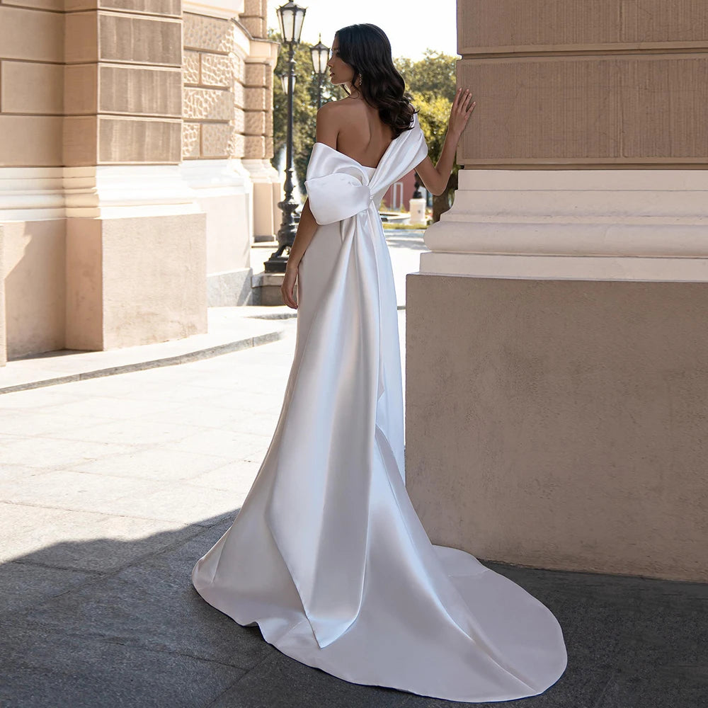 New Arrival Satin Mermaid Wedding Dress Sexy Sweetheart Sleeveless Back Big Bow Sweep Train Simple Bridal Gown Robe Mariee