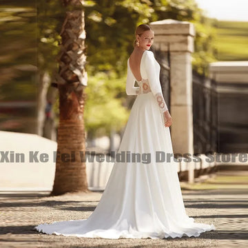 Gorgeous Women's Sexy V-Neck Bridal Dresses Long Sleeve Lace Applique Chiffon Open Back Wedding Welcome Guest Gowns 2023 Vestido