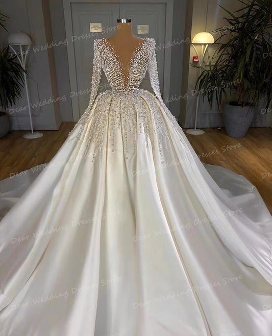 Exquisite A Line 2024 Wedding Dresses Women's Sexy V Neck Beading Pleat Satin For Bridal Ball Gowns Long Sleeve Formal Vestidos