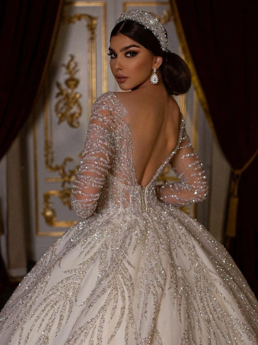 Classic O-neck Long Sleeve Wedding Dress Sparkly Sequins Bride Robe Luxury Ball Gown Long Bridal Gown Robe De Mariée