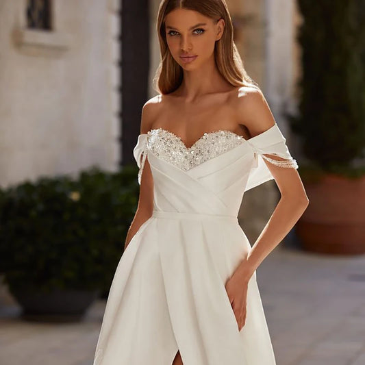 Satin Wedding Dress Sequined Sweetheart Off The Shoulder A Line With Pocket Wedding Gown High Slit Lace Up Back Robe De Mariee