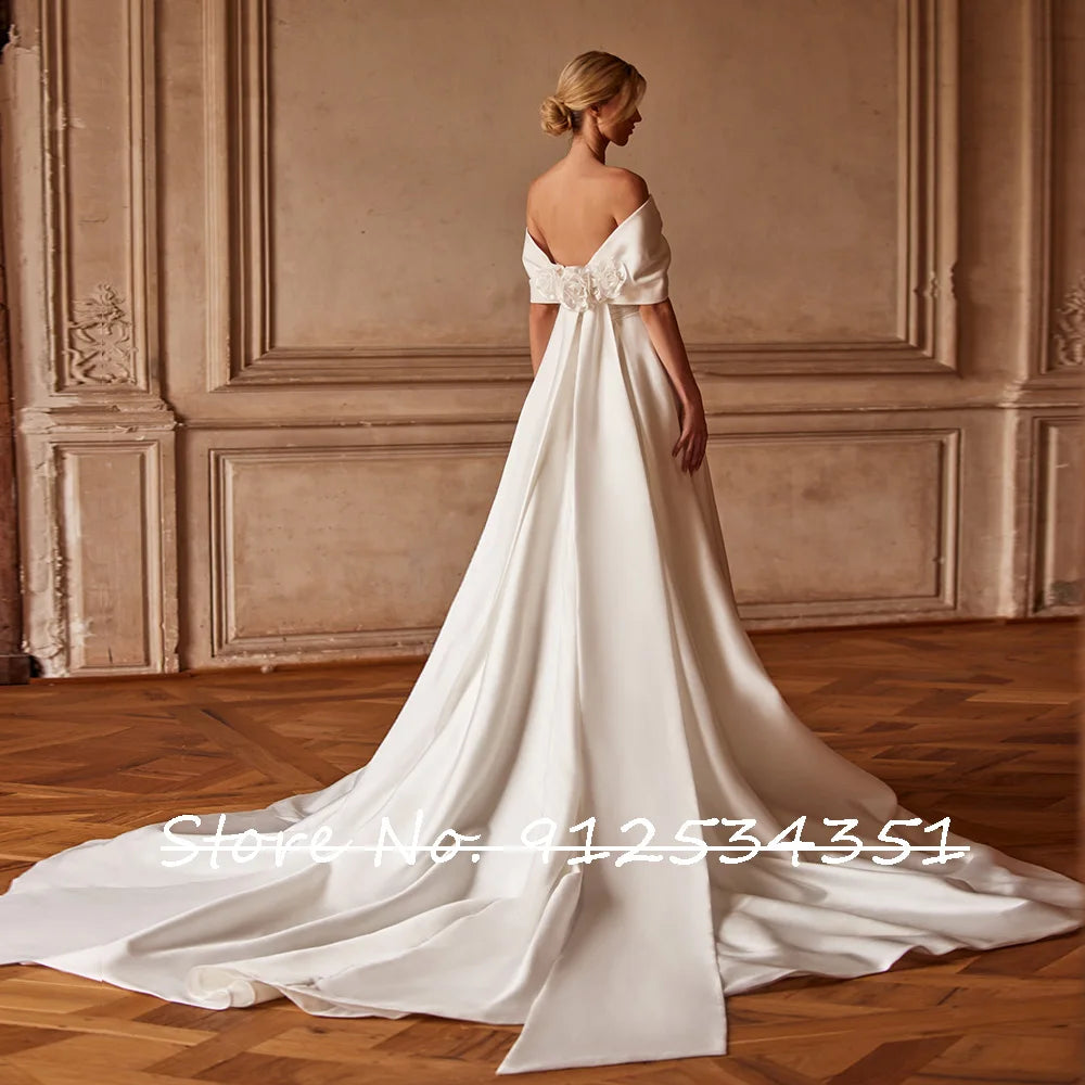 Newest Slit Skirt Satin Wedding Dress Hand Made Flowers Gorgeous Vestidos De Noiva Off the Shoulder Luxury Bridal Gowns