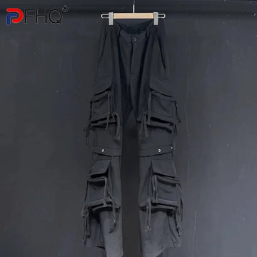 PFHQ Men's Darkwear Ribbon Loose Cargo Pants High Street Avant-garde Multi Pockets Design Motorcycle Trousers Summer New 21Z5051