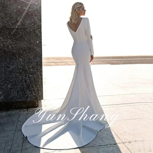 Yunshang Elegant Mermaid Wedding Dress Women 2024 Long Sleeve V-Neck Open Back Crepe Bridal Gown Sweep Train Vestidos De Novia