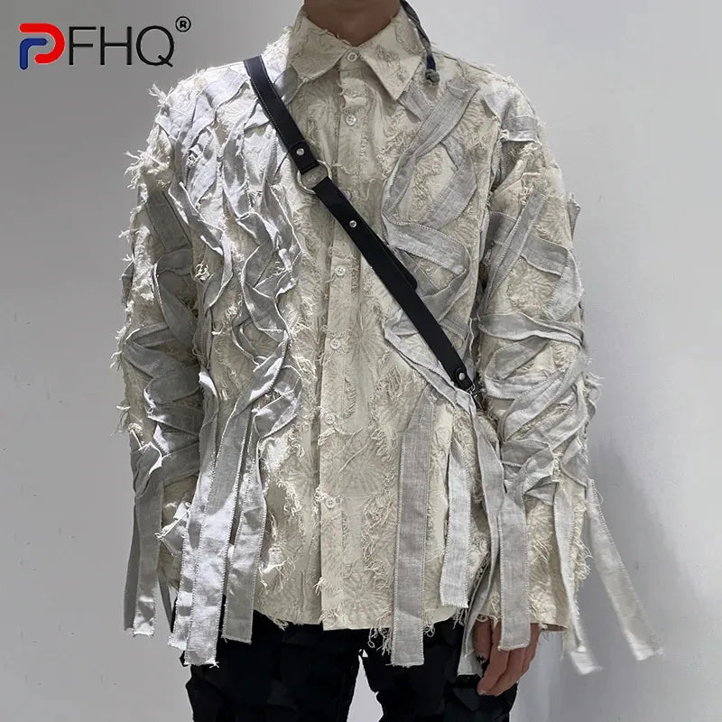 PFHQ Men's Niche Patchwork Shirts Haute Quality Single Breasted Ribbon Design Summer Male Baggy Delicacy Lape Tops New 21Z4825