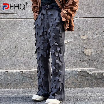 PFHQ Straight Tube Personality Bell-bottoms Vintage Versati Men's Casual Trousers 2023 Spring Elegant Wornout Patched Male Pants