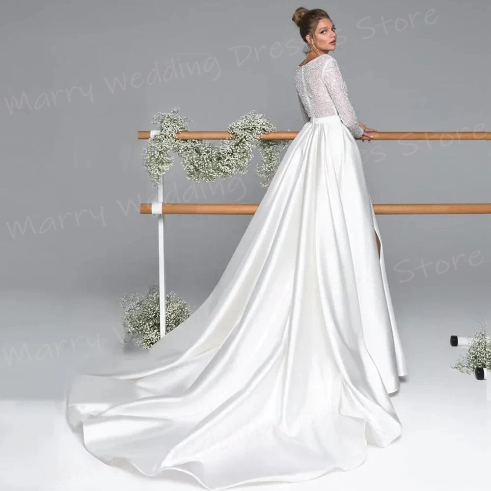 Fascinating Deep V Neck A Line Women's Wedding Dresses Simple Long Sleeve Bride Gowns Modern Sexy Side High Split Abiti Da Sposa