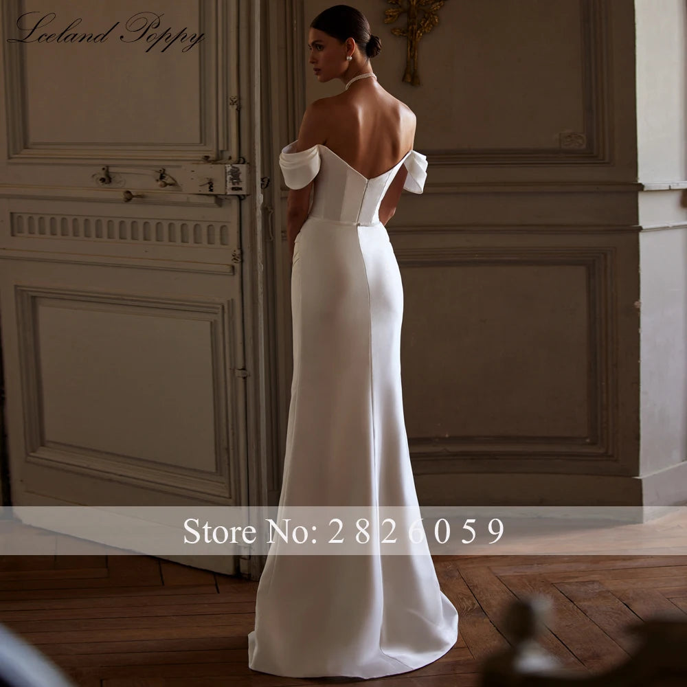 Lceland Poppy Off the Shoulder Mermaid Satin Wedding Dresses 2024 Pleated Beaded Floor Length Bridal Gowns with Slit