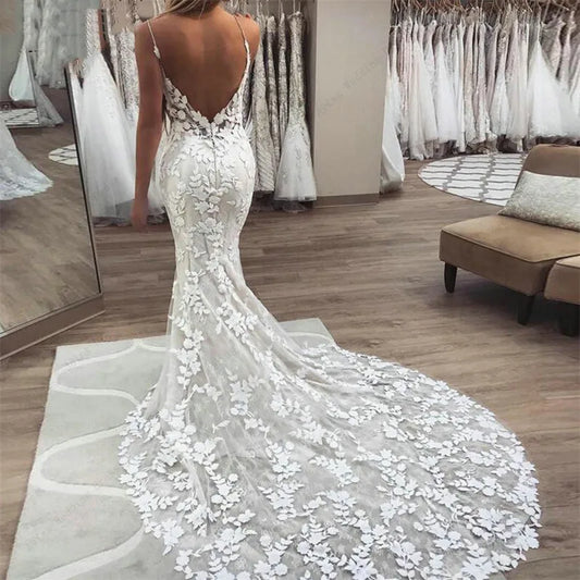 Boho Lace Appliques Wedding Dress Mermaid Bridal Dresses 2024 Spaghetti Straps Backless Beach Bridal Gowns Vestido De Noiva