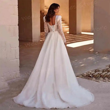 Gorgeous Modern A Line Women's Wedding Dresses Shiny Long Sleeve Lace Up Bride Gowns Charming Side High Split Vestido De Noivas