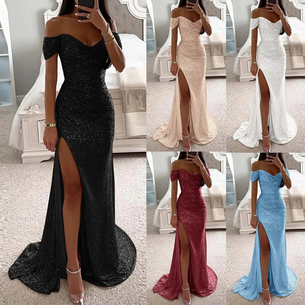 Sequined Mermaid Burgundy Evening Dresses Shiny Sexy High Split Off Shoulder Sweetheart Prom Formal Party Gown Vestido De Fiesta