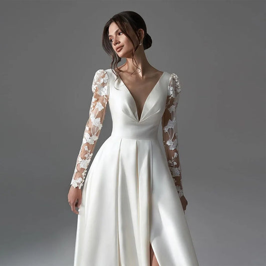 Pure White Women Wedding Dresses A-Line Long Sleeves Lace Applique Bridal Gowns Formal Sexy Deep-V Neck Beach Vestidos De Novia