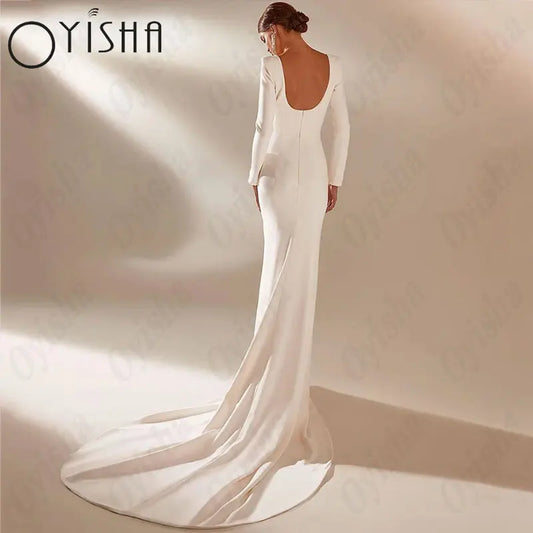 OYISHA Square Collar Satin Wedding Dresses Simple Mermaid Full Sleeves White Bridal Gowns For Woman Gorgeous Vestido De Mariages