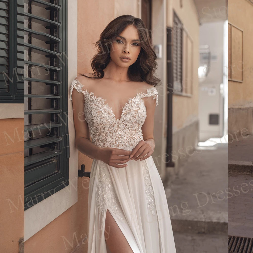 2024 Boho Graceful A Line Women's Wedding Dresses Charming Lace Appliques Bride Gowns Off The Shoulder Side Split Robe De Mariee