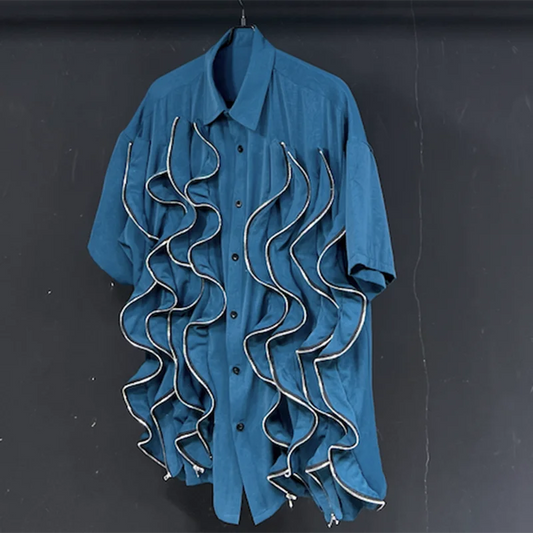 PFHQ Multi Zipper Twisted Shirt Male Versatile Short Sleeve Tide Haute Quality Advanced Single Breasted Men's Top Summer 21Z5013