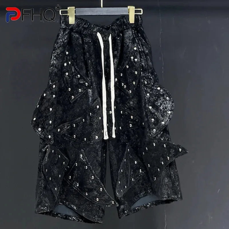 PFHQ Men's Leather PU Shorts Summer High Waist Loose Streetwear Drawstring Outdoor Male Straight Leg Six Split Pants New 21Z5018