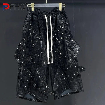 PFHQ Men's Leather PU Shorts Summer High Waist Loose Streetwear Drawstring Outdoor Male Straight Leg Six Split Pants New 21Z5018