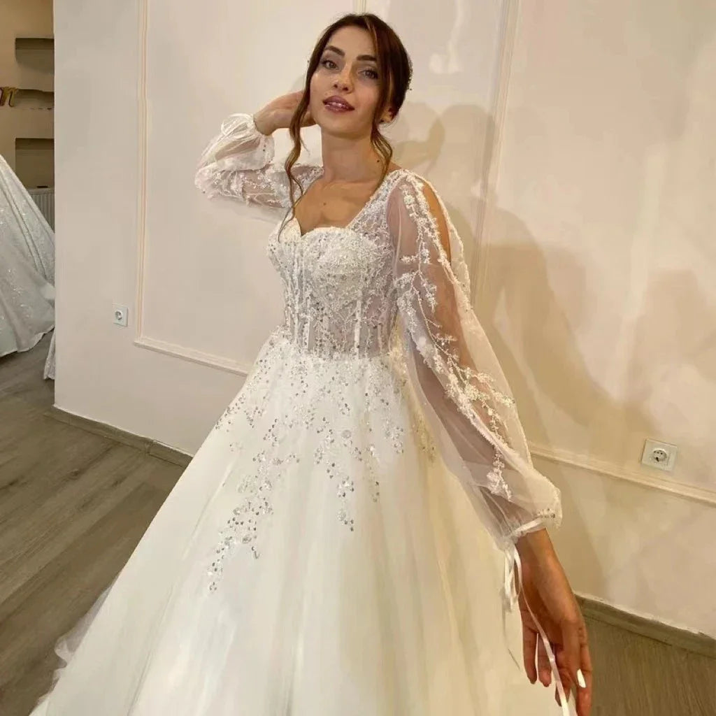 Vintage Illusion Women Wedding Dresses Lace Long Sleeves Floral Print Bride Bridal Gowns 2024 Mopping Length Vestidos De Novias