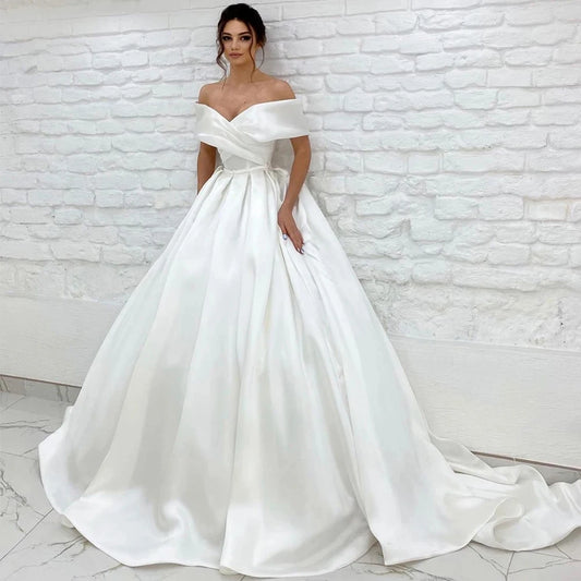 Simple Satin Wedding Dresses With Belt Cap Sleeves V neck Zipper Back Court Train Formal Bridal Gowns 2023 Vestido De Noiva Robe