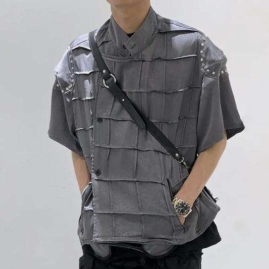 PFHQ Standing Collar Short Sleeve Shirt Male Summer Plaid Creativity Personality Haute Quality Advanced Men's Tops New 21Z4826