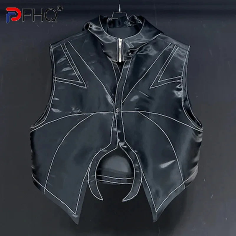 PFHQ Darkwear Hooded Sports Male Vest High Street Handsome Short Breathable Summer Men's Button Original New Waistcoat 21Z4445