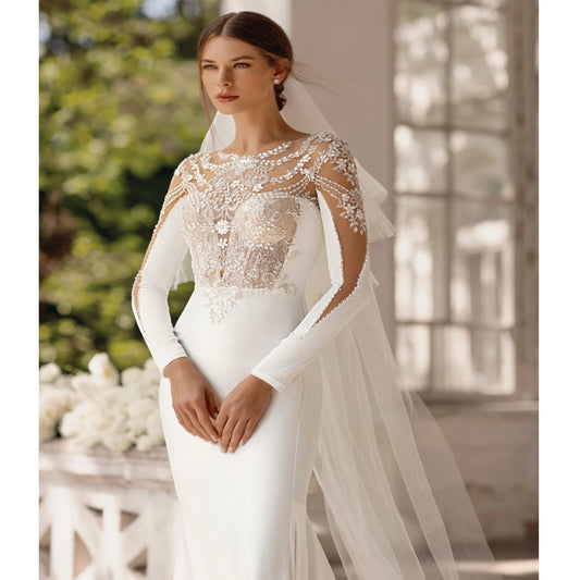 Round Neck Lace Long Sleeves Wedding Dresses For Women Satin Surface Mermaid Gowns 2024 Princess Mopping Length High Fork Robes