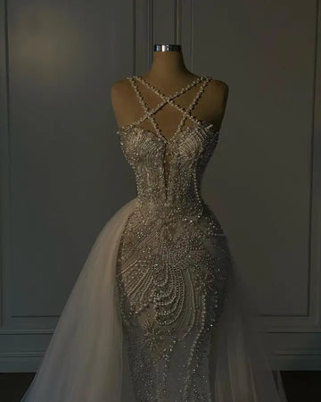 Luxury Wedding Dresses with Disassembly Skirt Spaghetti Strap Crystal Stone Beading Bridal Dress Mermaid Wedding Party Gowns