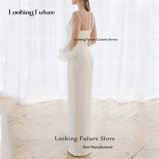 Simple Sheat Satin Wedding Dress O-Neck Tulle Illusion Long Sleeves Backless Lace Up High Slit Bridal Grown vestido de noiva2024